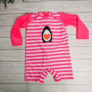 Kids Pink Stripe Penguin Rash Guard One-Piece Swimsuit